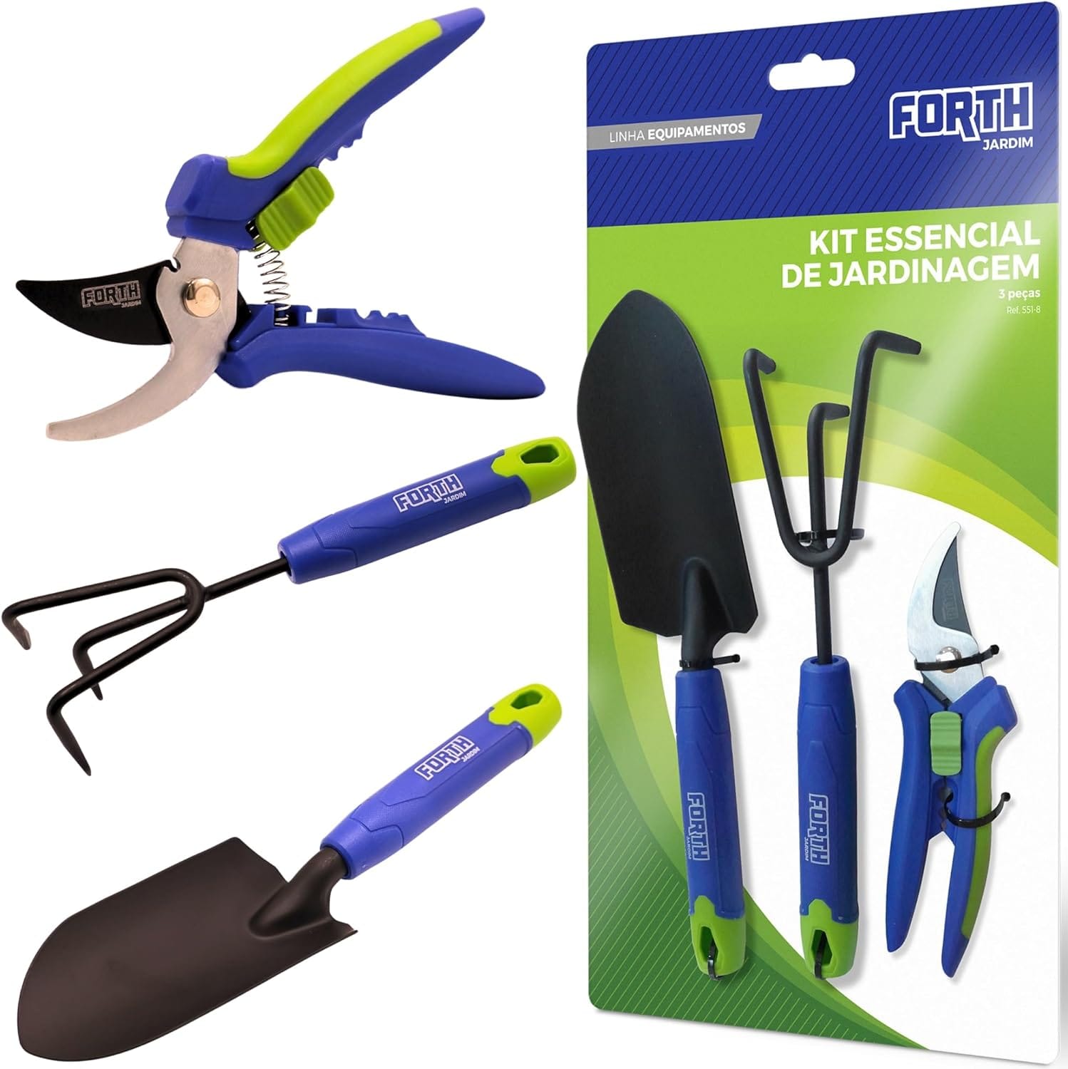 Kit Ferramentas Essenciais para Jardinagem 3 Peças Qualidade Forth Jardim - Tesoura de Poda, Sacho de 3 Pontas e Pá de Jardim