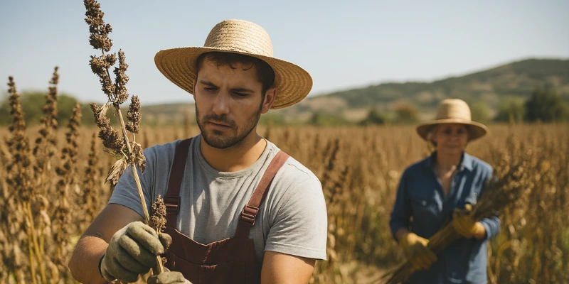 escala, eficiência e profissionalismo agrícola, com as plantas já secas e prontas para a extração das sementes que depois serão limpas e preparadas para exportação.