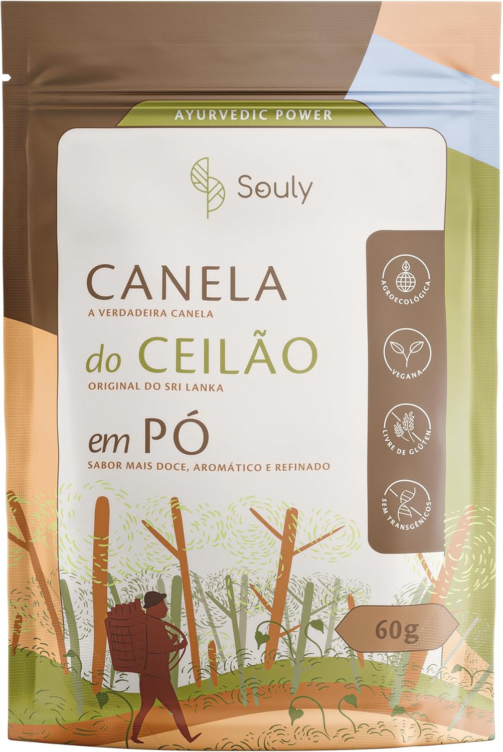 Canela do Ceilão Védica em Pó Souly, Verdadeira, 60g Pura