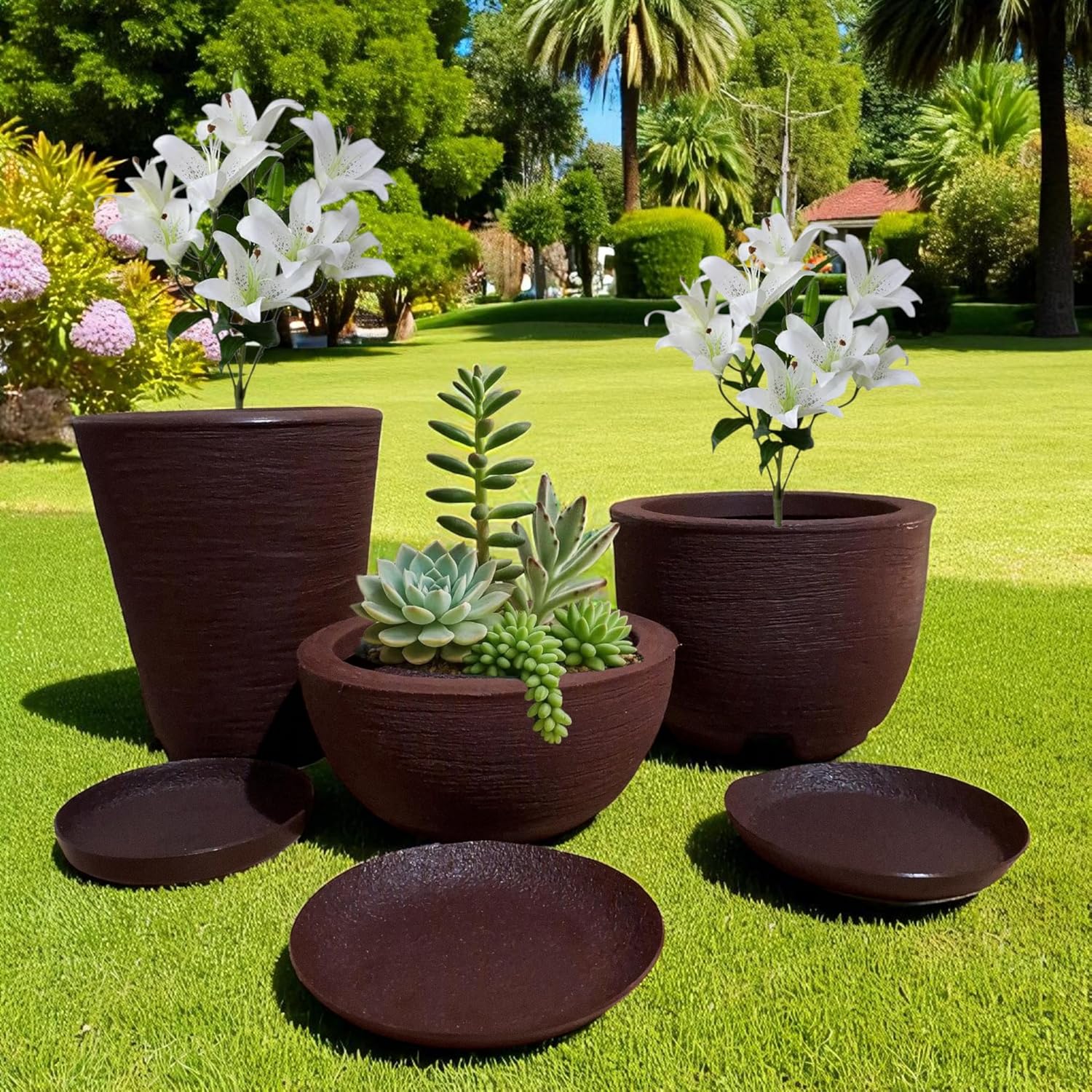 Kit 03 Vasos para Plantas Jardim Sala Coluna N1 N2 + Bojo N1 com pratos