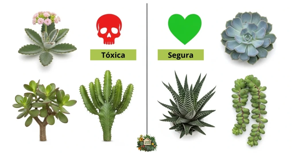 Suculentas Tóxicas para Cães e Gatos: 7 Espécies Perigosas + Primeiros Socorros 2 "Comparação entre suculentas contendo látex tóxico (esquerda) e espécies seguras da família Crassulaceae (direita)."