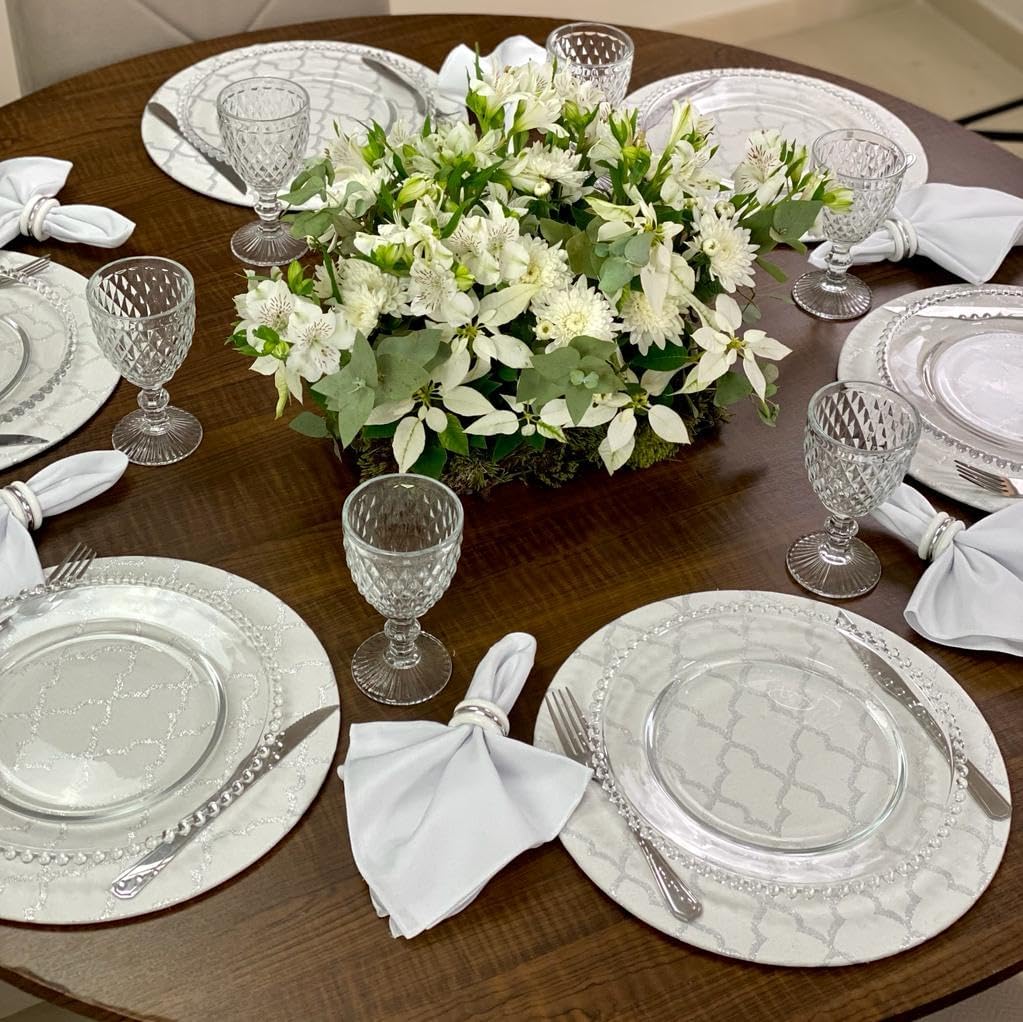 Kit Sousplat Completo Mesa Posta de Ano Novo Réveillon para 4 Lugares (COLMEIA LUREX BRANCO E PRATA - GUARDANAPOS BRANCOS - PG ARGOLA BRANCA E PRATA)