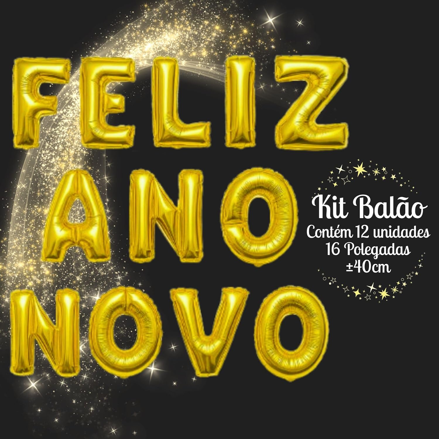 Kit 4 Balão Metalizado Numero 2026 ±80 cm Dourado Prata/Kit 12 Balão Metalizado Feliz Ano Novo ±40 cm/Festa Révellion 2026 (Letras Douradas)