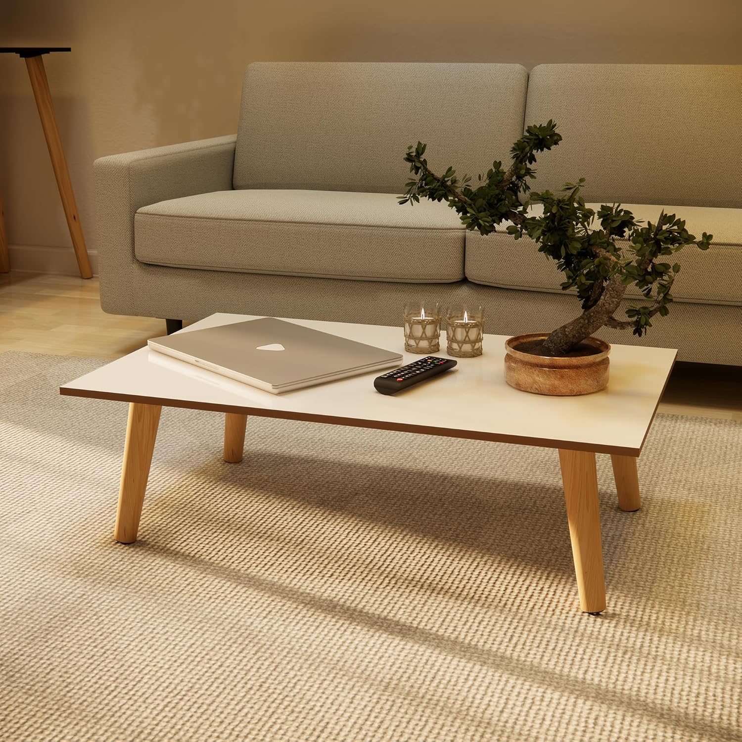 Mesa de Centro Moderna, 80 x 42 cm, Tampo MDF, Pés em Madeira Maciça, Altura 32,5 cm (Off White-Freijó)