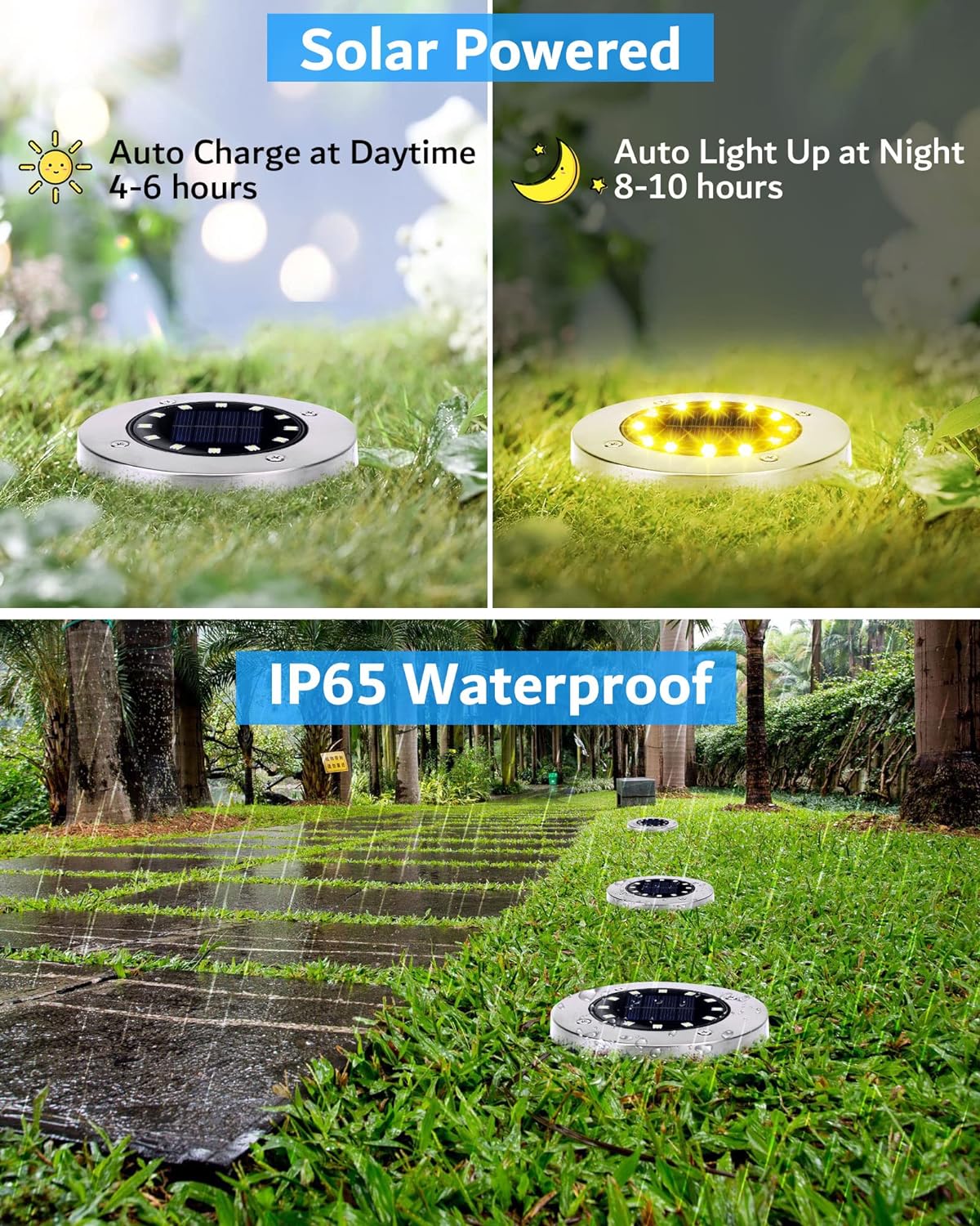 Biling Luzes solares de solo ao ar livre pacotes com 8, luzes planas brilhantes 12 LEDs solares ao ar livre à prova d'água para quintal passarela jardim garagem (branco quente)
