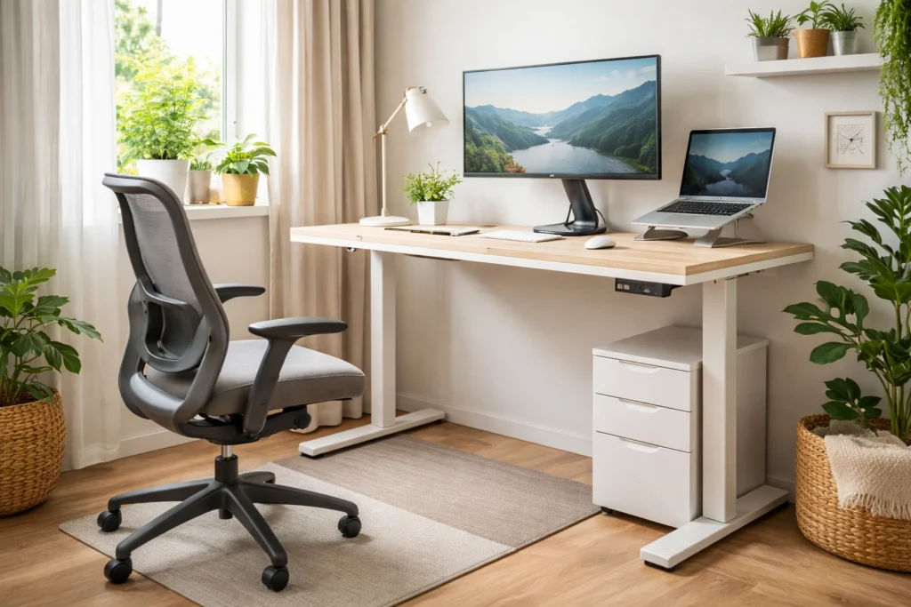 Como montar um home office ergonômico em espaços reduzidos com escrivaninha ajustável e suporte de monitor Veja truques surpreendentes!