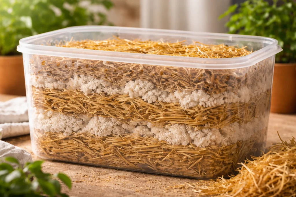 Descubra o método simples: ferva a palha 20 min, deixe as sementes esfriarem, monte camadas e veja os cogumelos crescerem em 21-24 dias.