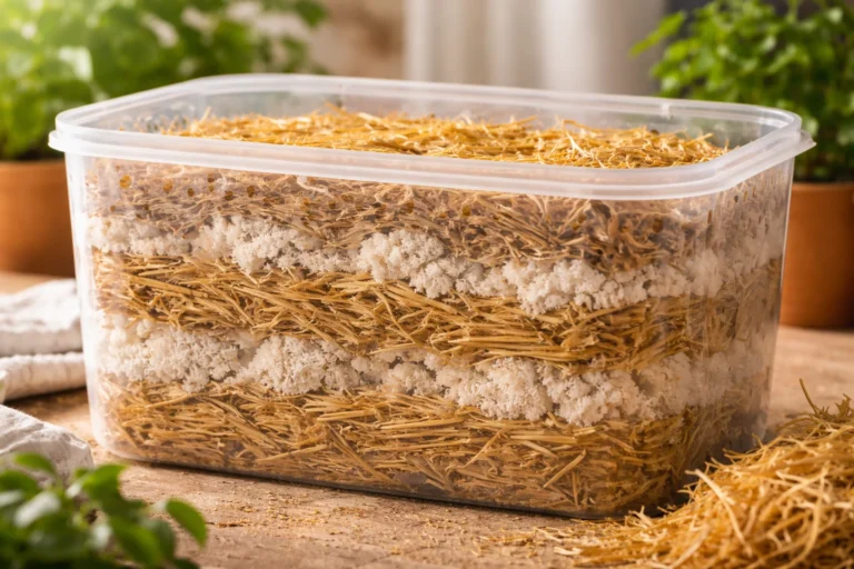 Descubra o método simples: ferva a palha 20 min, deixe as sementes esfriarem, monte camadas e veja os cogumelos crescerem em 21-24 dias.