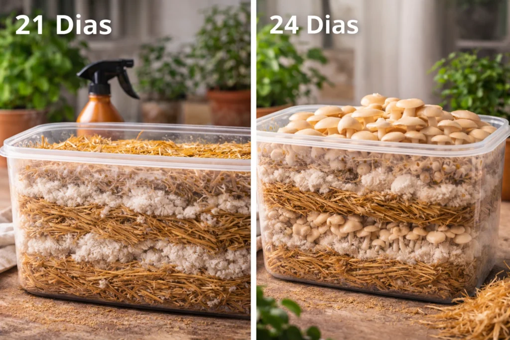 Descubra o método simples: ferva a palha 20 min, deixe as sementes esfriarem, monte camadas e veja os cogumelos crescerem em 21-24 dias.
