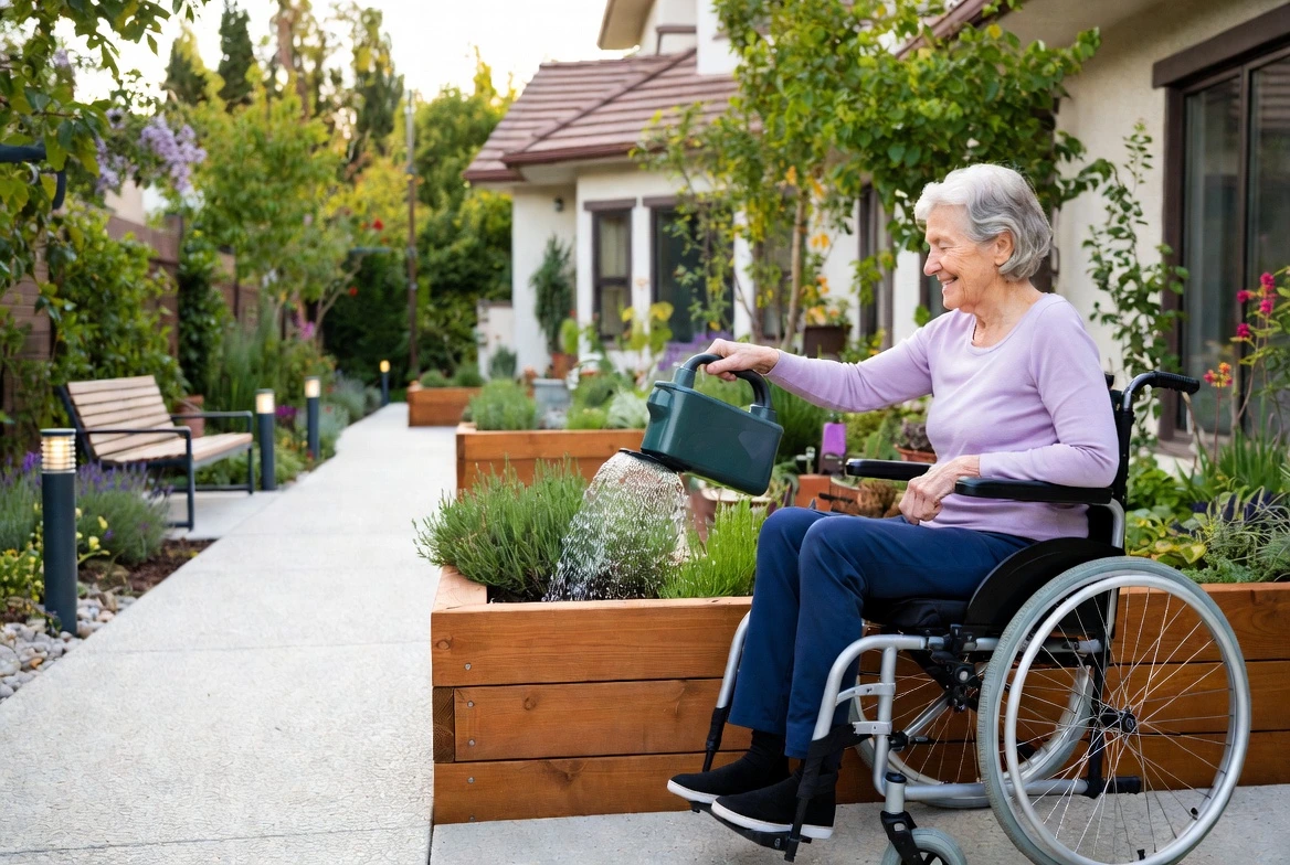 Paisagismo acessível para pessoas com mobilidade reduzida com caminhos antiderrapantes e canteiros elevados. Descubra dicas simples!