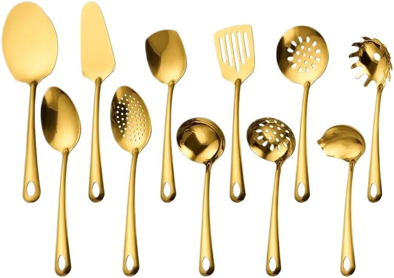 Kit 11 Peças Utensílios de Cozinha Dourado - Espátula Colher Concha Escumadeira Pegador de Pizza