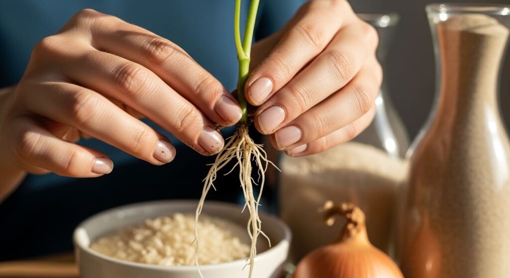 "Aprenda como fazer mudas de qualquer planta em casa método caseiro de arroz, cebola e areia. Passo a passo completo para multiplicar suas plantas favoritas."
