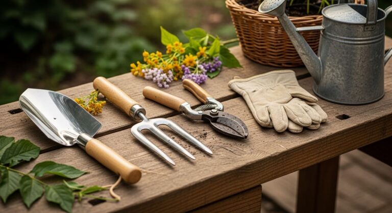 "Faça você mesmo sua Lojinha de Ferramentas essenciais para o jardim comestível: pá, tesoura e mais. Aprenda a escolher, cuidar e economizar."
