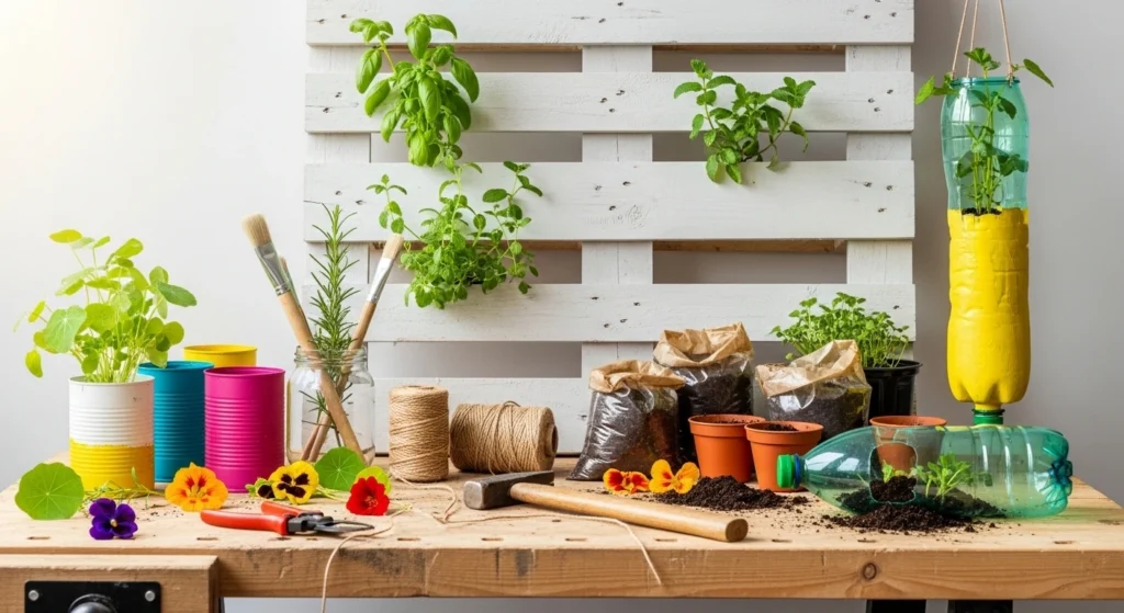 "Com as próprias mãos, aprenda 5 projetos DIY para foodscaping: jardim vertical, vaso decorado, canteiro elevado e treliça. Transforme sua casa!"