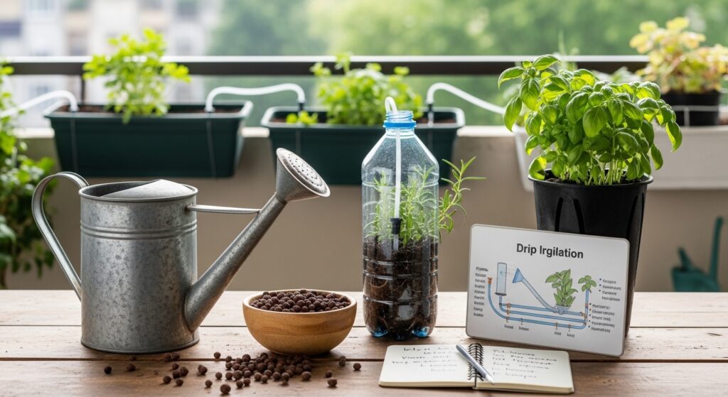 "Irrigação para jardins comestíveis: guia completo com rega automática caseira, gotejamento, vasos autoirrigáveis e dicas para acertar na frequência de rega."