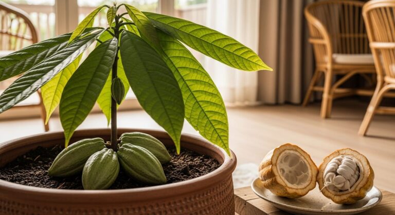 "Plante cacau em vaso e colha seu próprio chocolate! Guia completo: escolha do vaso, solo ideal, rega, adubação e os segredos para frutificar."