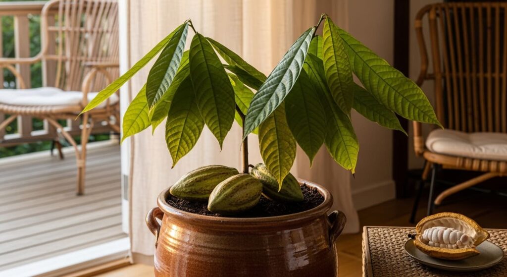 "Plante cacau em vaso e colha seu próprio chocolate! Guia completo: escolha do vaso, solo ideal, rega, adubação e os segredos para frutificar."