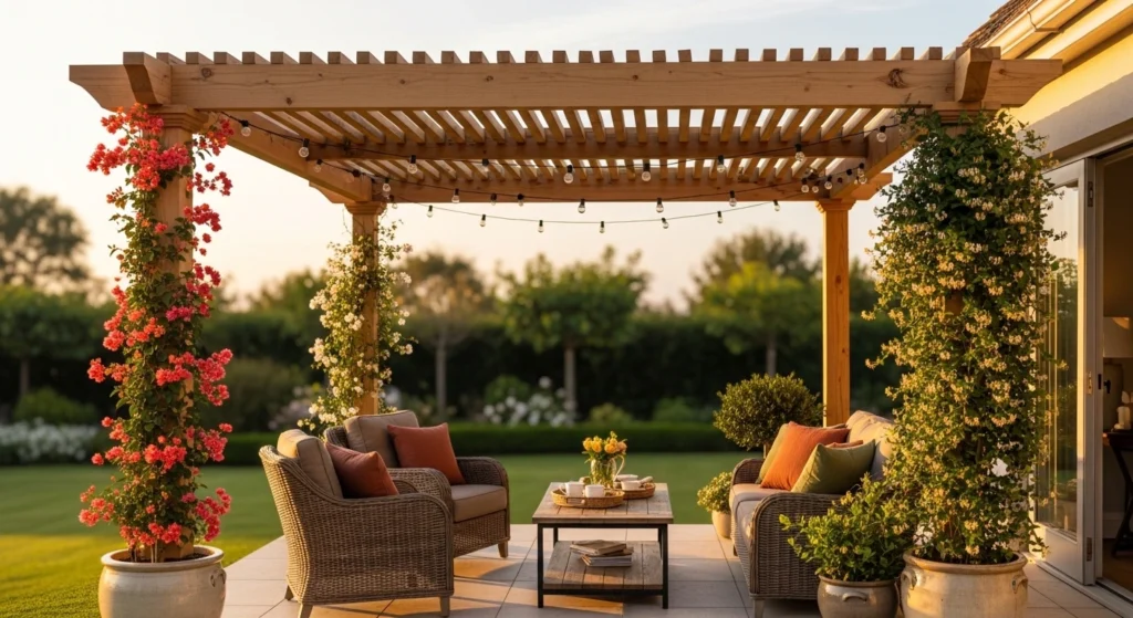 "Do quintal ao refúgio: guia definitivo para criar os pergolados dos seus sonhos. Descubra materiais, trepadeiras, coberturas baratas..."