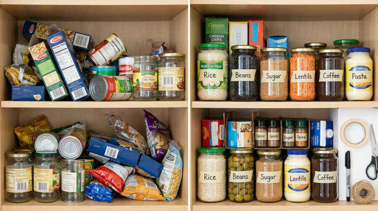 "Aprenda como organizar a despensa usando materiais reciclados como potes de vidro, caixas de papelão e latas. Ideias baratas e sustentáveis"