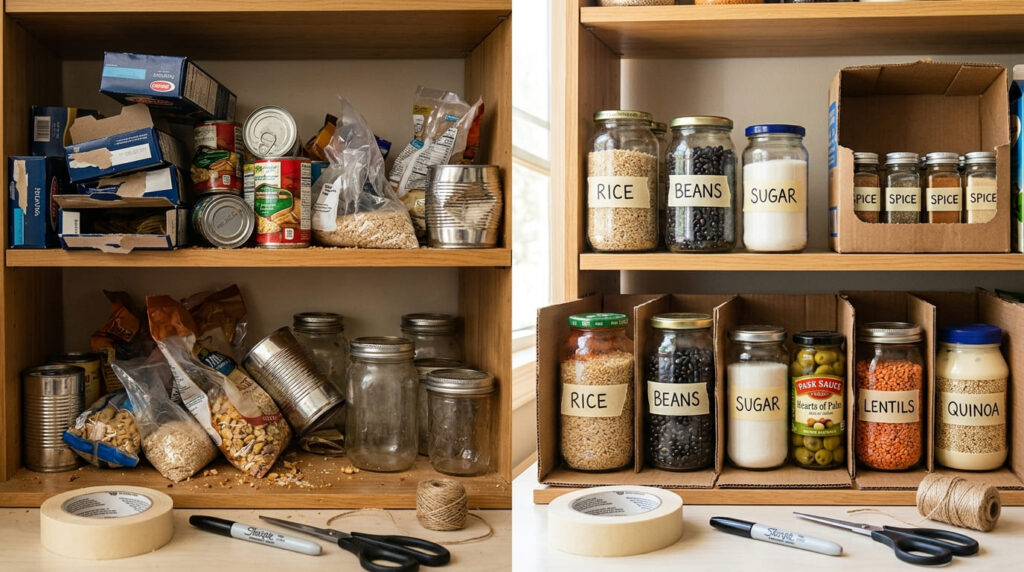 "Aprenda como organizar a despensa usando materiais reciclados como potes de vidro, caixas de papelão e latas. Ideias baratas e sustentáveis" 