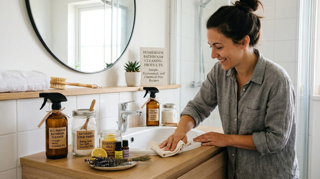 "Aprenda a fazer produtos de limpeza caseiros para banheiro com vinagre, bicarbonato e limão. Receitas simples, econômicas e sem químicos."