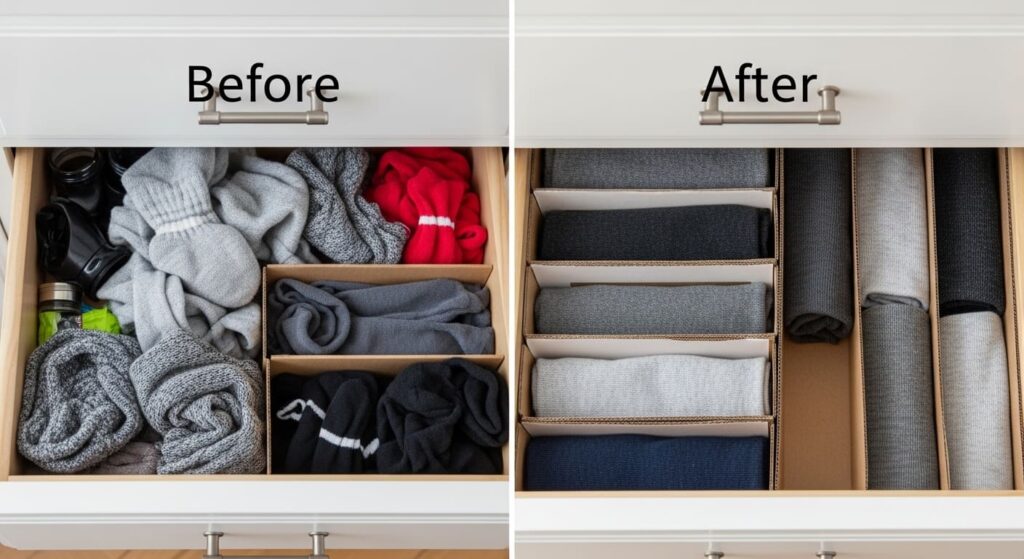 "Organize suas gavetas sem gastar nada! Aprenda a fazer divisórias de papelão sob medida. Guia prático para cozinha, quarto e escritório."