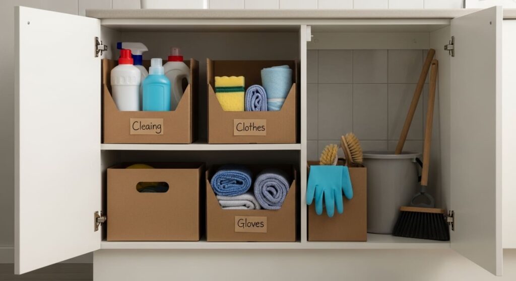 "Organize suas gavetas sem gastar nada! Aprenda a fazer divisórias de papelão sob medida. Guia prático para cozinha, quarto e escritório."