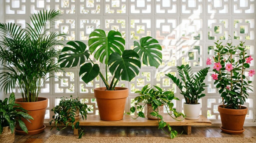 Descubra as 10 plantas mais buscadas no Google e como usá-las com cobogó. Tendências 2025 para decoração com plantas e paredes vazadas.