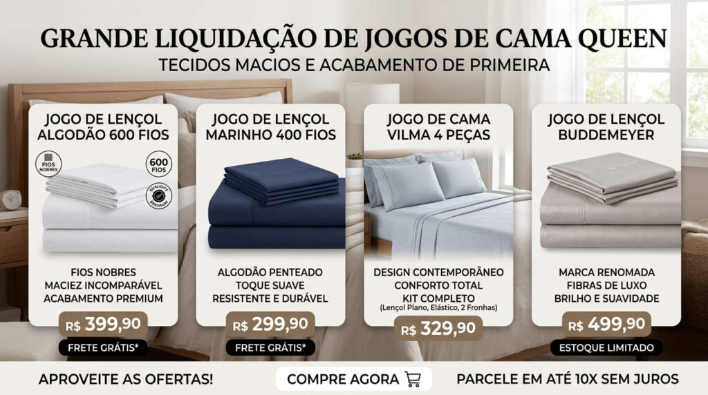 Durma como em um hotel! Conheça os melhores: jogo de lençol Queen com preços acessíveis e frete grátis. Veja modelos 400 e 600 fios.