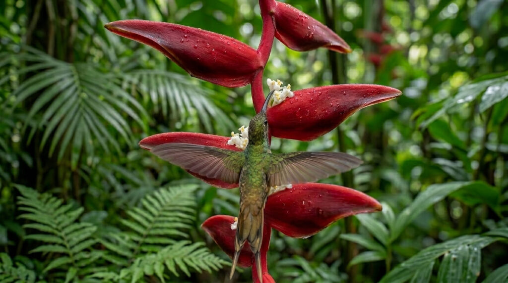 Conheça a Helicônia: flor pendente da Amazônia que atrai beija-flores e vive em simbiose com formigas. Aprenda para cultivar em casa hoje!