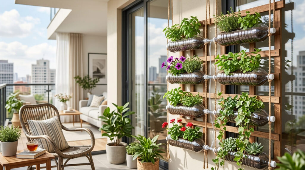 Horta Suspensa com Garrafas PET: Guia Completo de DIY para Apartamentos e Espaços Pequenos 2 Saiba quais as melhores espécies para hortas verticais em PET são as que gostam de meia-sombra e têm raízes compactas