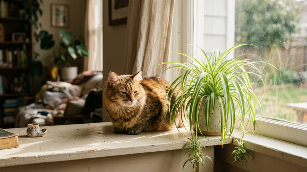 Gato doméstico tranquilo sentado ao lado de um vaso com planta clorofito segura para animais de estimação.