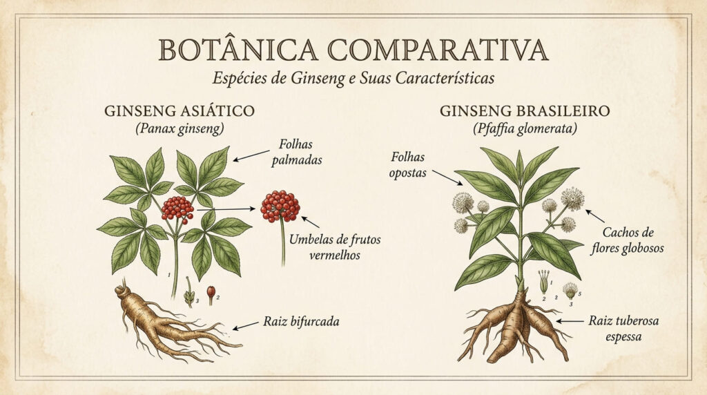Ginseng: descubra a diferença entre o asiático e o ginseng brasileiro (Pfaffia glomerata), seus benefícios comprovados e como cultivar essa raiz adaptógena em casa.